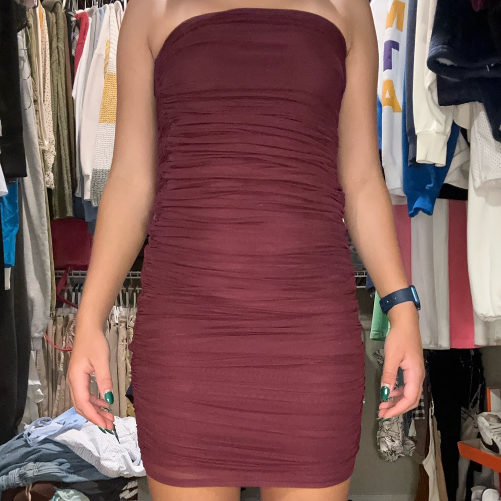 Express Strapless Ruched Dress Dark Red